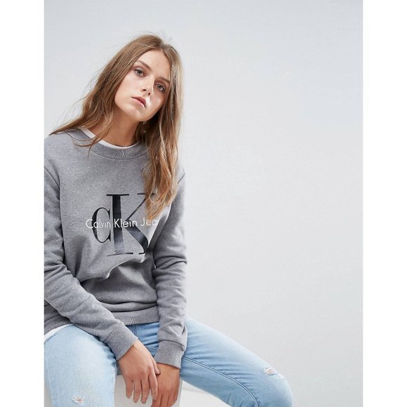 Calvin Klein Jeans Light Grey Heather Logo XS Sweatshirt - Picture 1 of 11